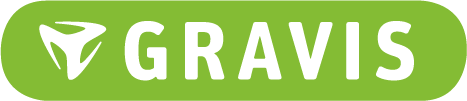 Logo von Gravis: Weiße Schrift auf grünem Hintergrund...